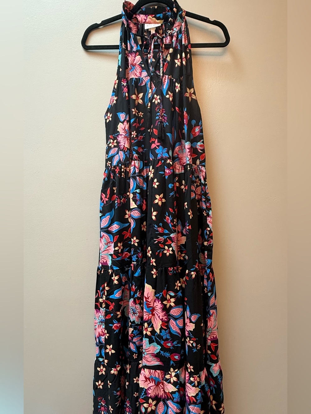 Boemo Floral Ruffle Halter Tiered Maxi Dress Black Multicolor Large